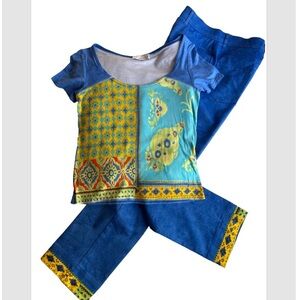Rare Vintage Boho Festival 2-Piece Set Sz 6 Artsy Bright Print Pants Top USA